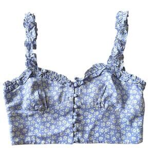 Zara Micro Floral Crop Top Size Small Button Front Ruffle Neckline‎ Straps Lined